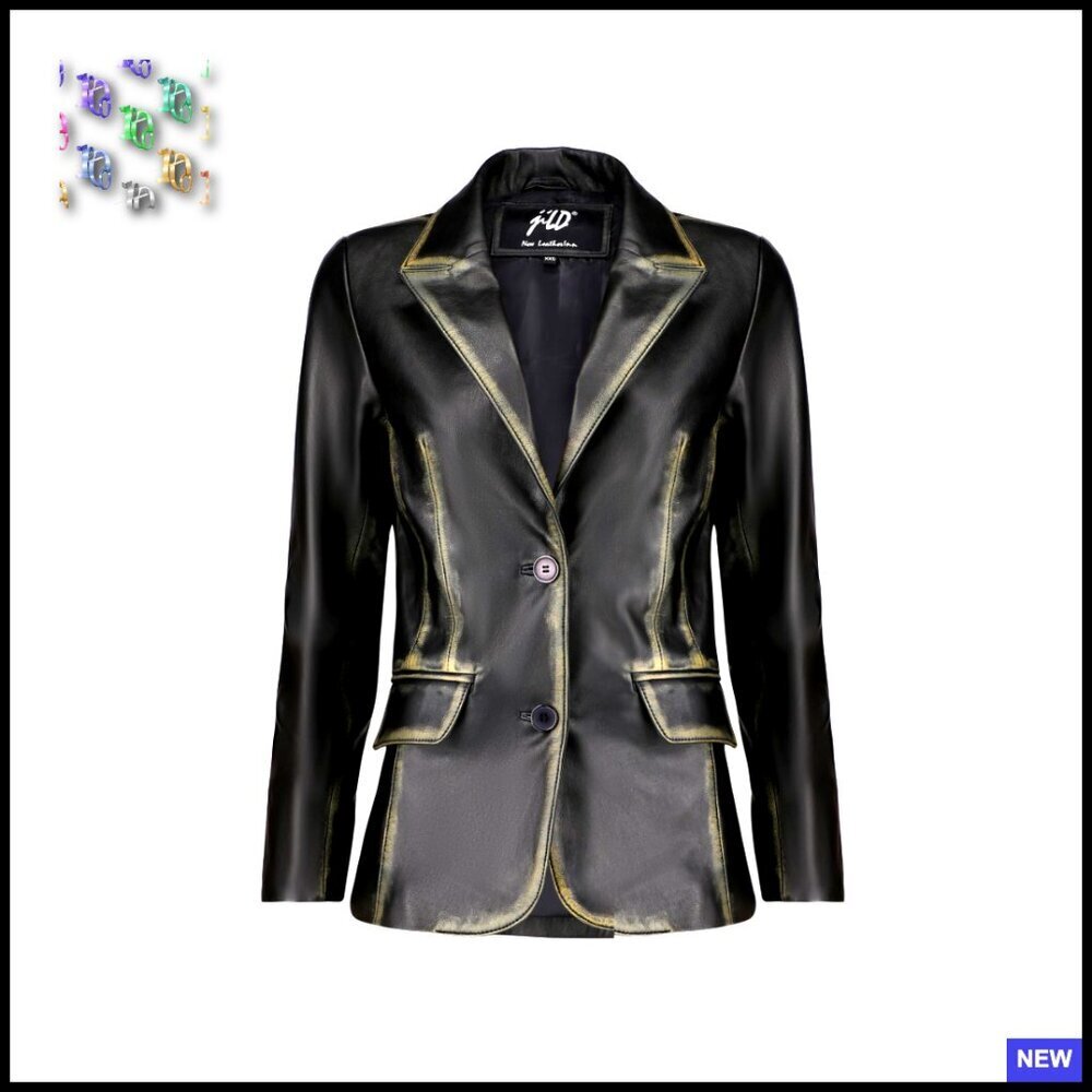 Lambskin Leather Blazer Classic Notch Lapel Two Button Professional Chic